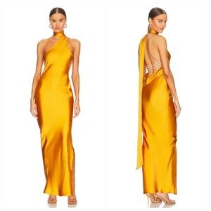 NWT Khanum’s Kara Pearl Trim Yellow Satin Halter Neck Maxi Dress Size XS